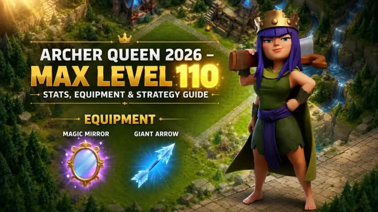Archer Queen 2026 max level 110 with Magic Mirror and Giant Arrow equipment