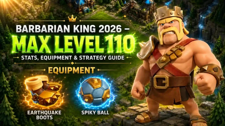 Barbarian King 2026 max level 110 with Earthquake Boots and Spiky Ball Hero Equipment