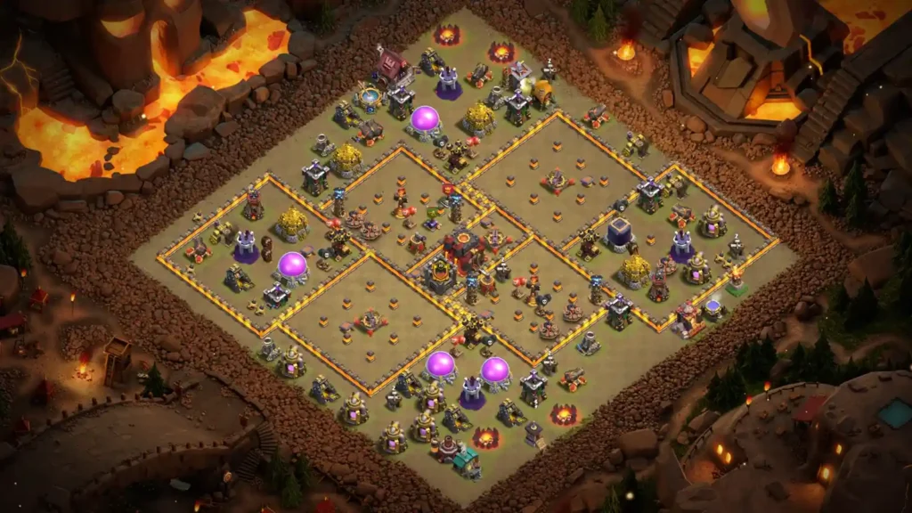TH10 war base layout with centered Town Hall and Clan Castle inside quad compartments, X-Bows and Inferno Tower core defense