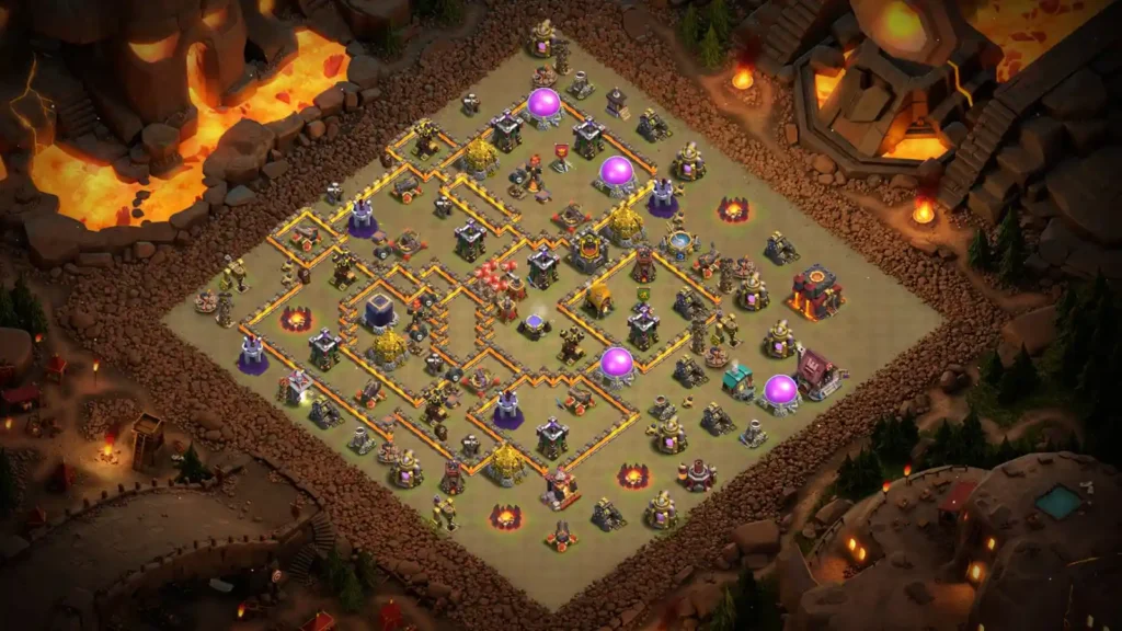 TH10 war base with zigzag maze walls, centered Town Hall and Clan Castle, Inferno Tower core defense