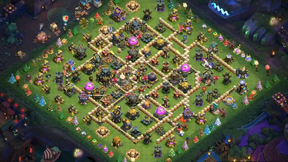 TH17 farming base with an internally protected Town Hall, distributed resource Storages, and connected wall compartments