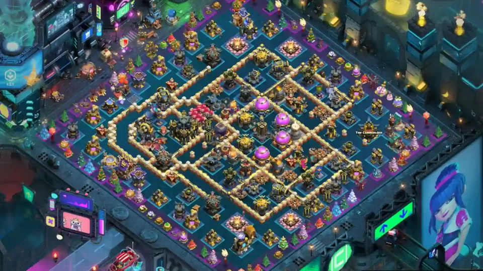 TH17 farming base with a protected offset Town Hall, distributed Gold and Elixir Storages, and multiple internal compartments