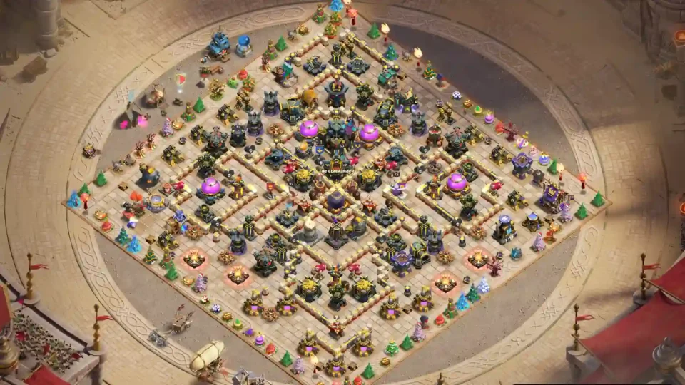 TH17 farming base with a protected Town Hall, balanced resource distribution, and symmetrical internal wall compartments