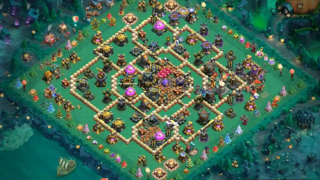 TH17 trophy base with a central Town Hall, layered diamond walls, dense core compartments, and protected resource storages