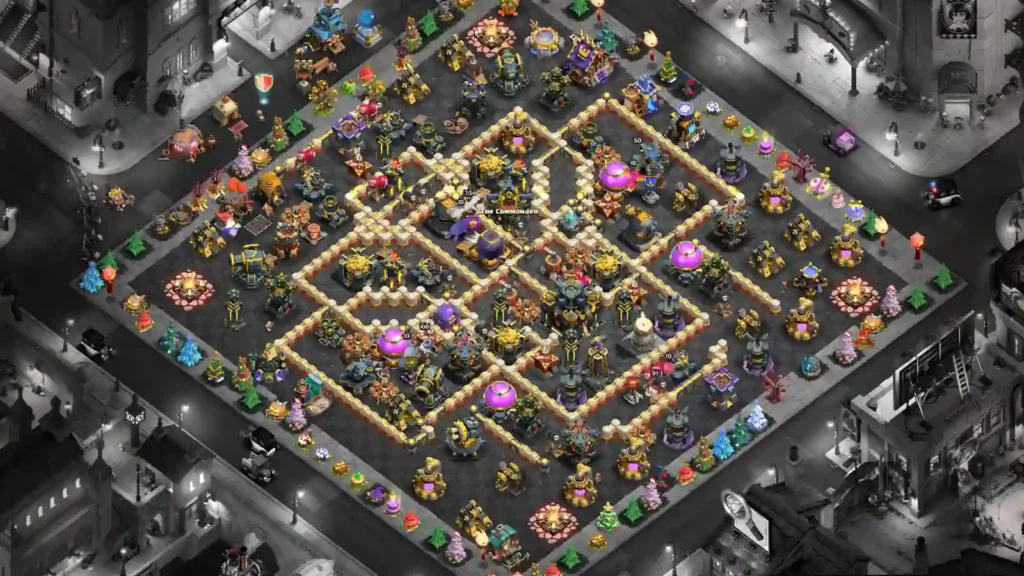 TH17 trophy base with an offset diamond wall network, staggered inner compartments, central Town Hall, and layered resource protection