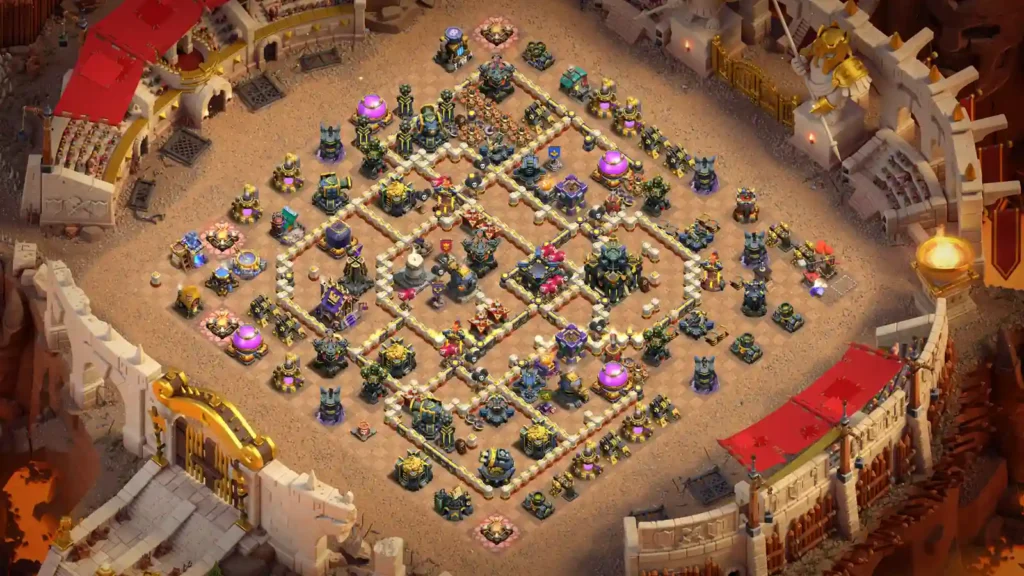 TH17 Clash of Clans trophy base with overlapping diamond lattice compartments protecting the central Town Hall and defenses