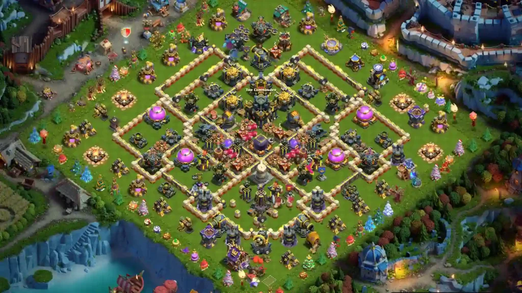 TH17 trophy base featuring a symmetric four-wing wall layout, protected central Town Hall, multiple compartments, and distributed resource storages