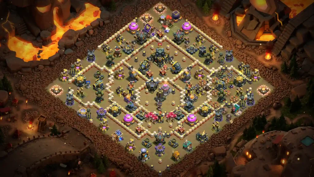 TH17 Clash of Clans war base with a wide elongated diamond-shaped layout and layered defensive compartments