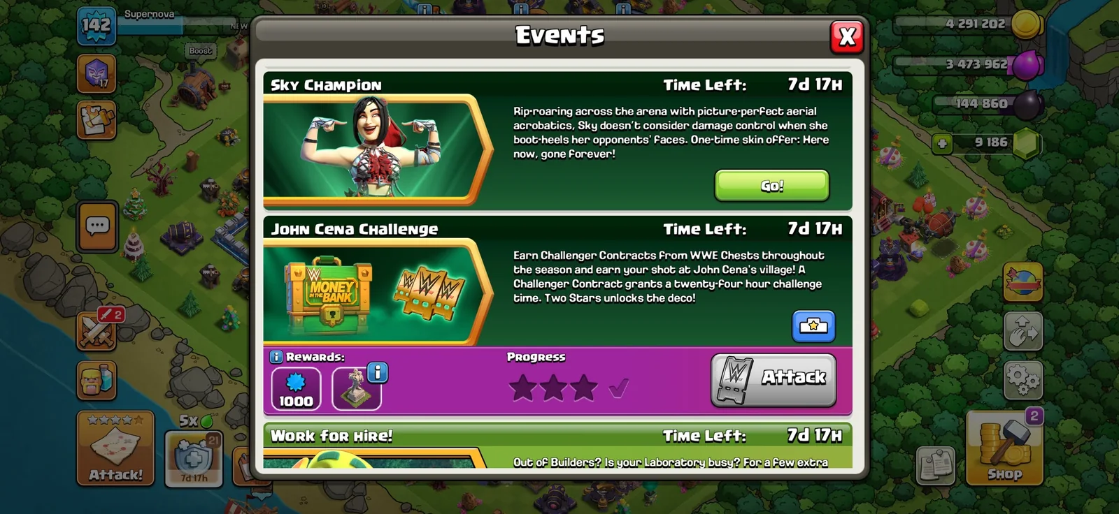Clash of Clans Events tab showing Sky Champion and John Cena Challenge