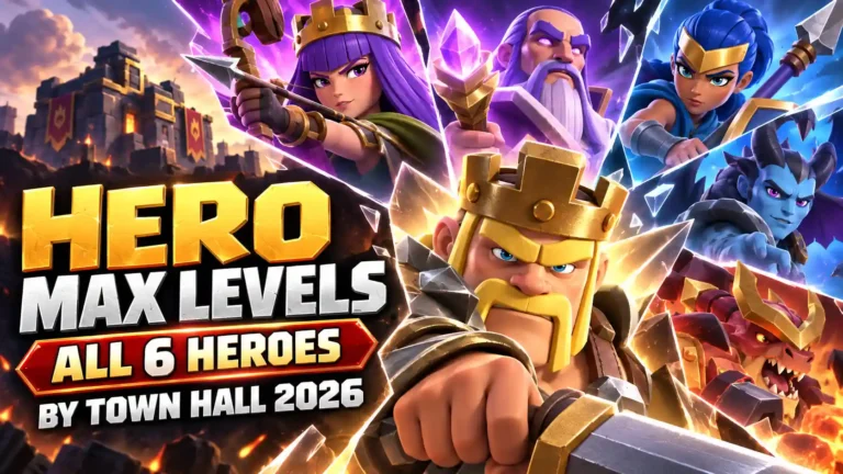 CoC hero max levels by Town Hall featuring all six Home Village Heroes