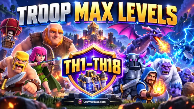 Clash of Clans troop max levels from Town Hall 1 to Town Hall 18