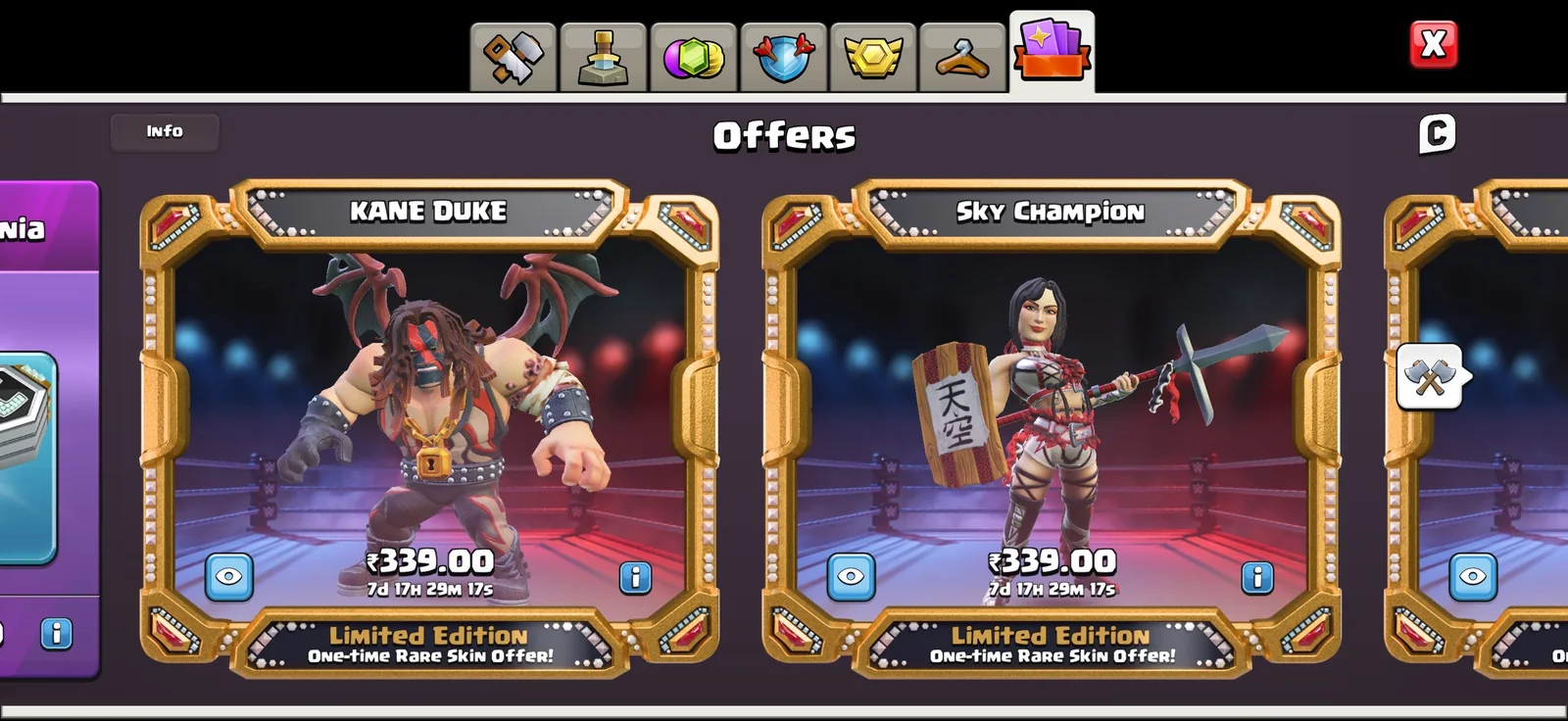Clash of Clans shop showing Kane Duke and Sky Champion WWE hero skins