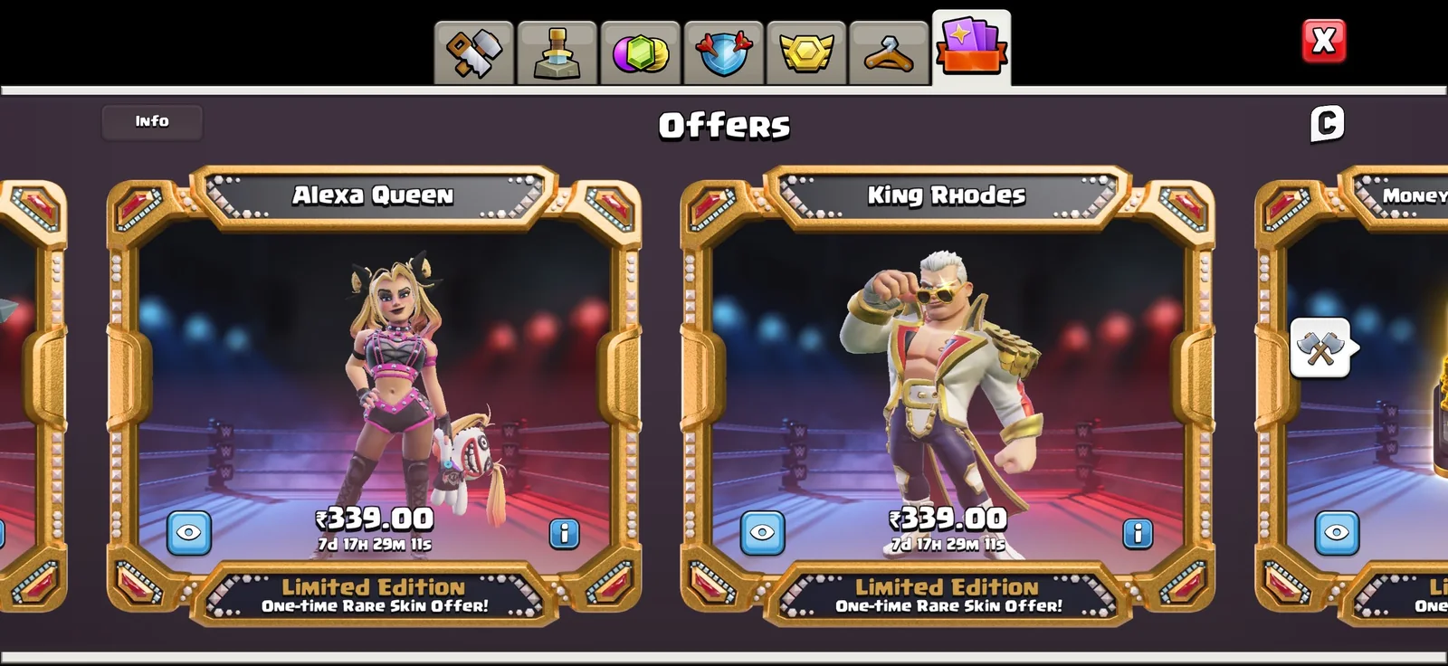 Clash of Clans shop showing Alexa Queen and King Rhodes WWE hero skins