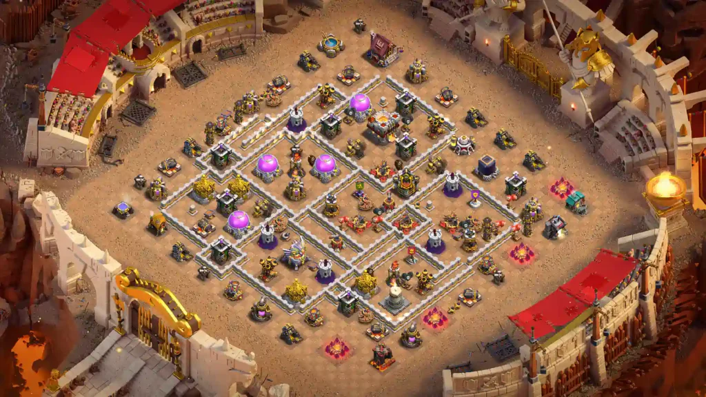 TH11 war base with protected Town Hall and layered defensive compartments