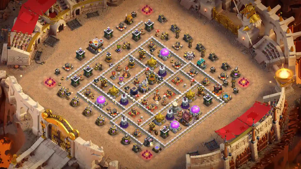 TH11 war base with compact core and narrow defensive compartment access