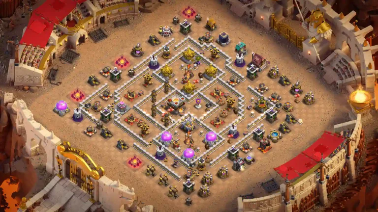 TH11 war base with deep Town Hall and layered central defensive compartments