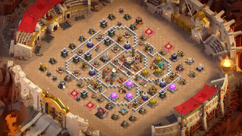 TH11 war base with layered core compartments and separated Town Hall and Eagle