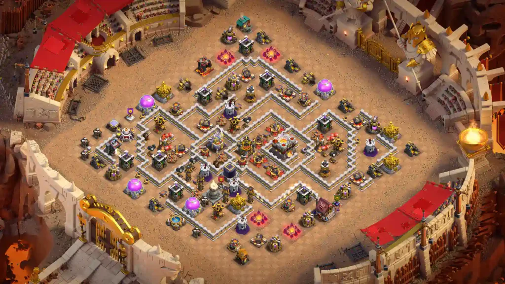 TH11 war base with offset Town Hall, split core and layered defensive compartments