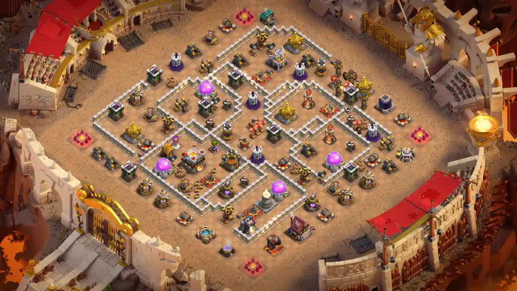 TH11 war base with offset Town Hall and separated Eagle Artillery compartments