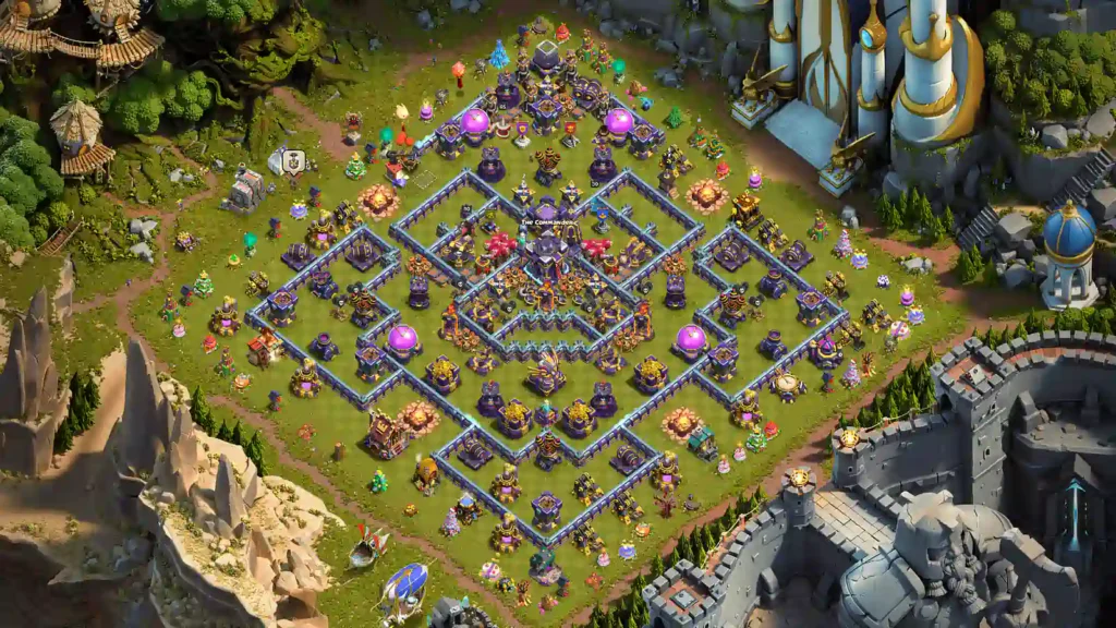 TH15 war base with central Town Hall and layered side compartments