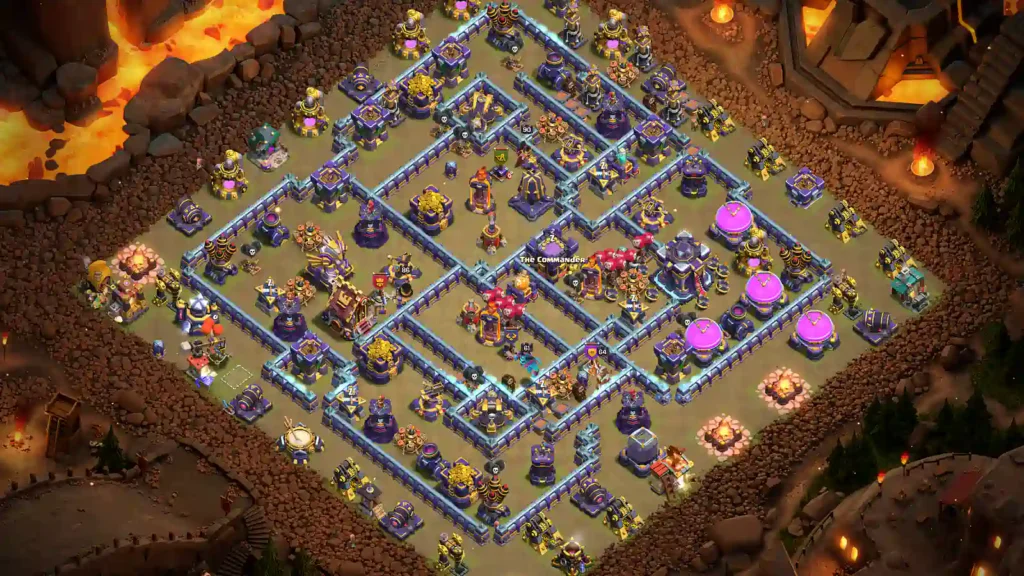 TH15 war base with side Town Hall and split defensive compartments