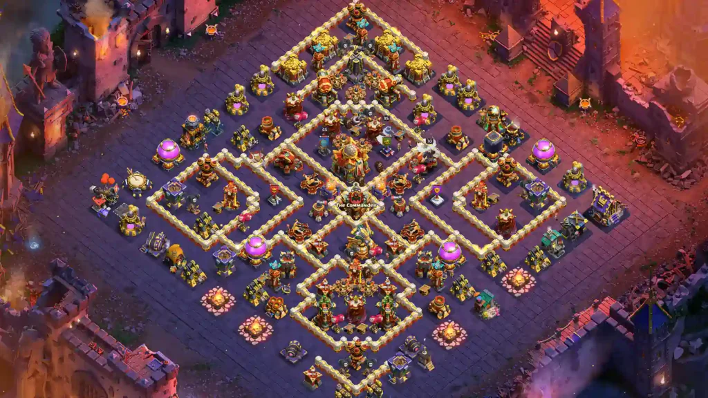 TH16 war base with central Town Hall with Cross Compartments