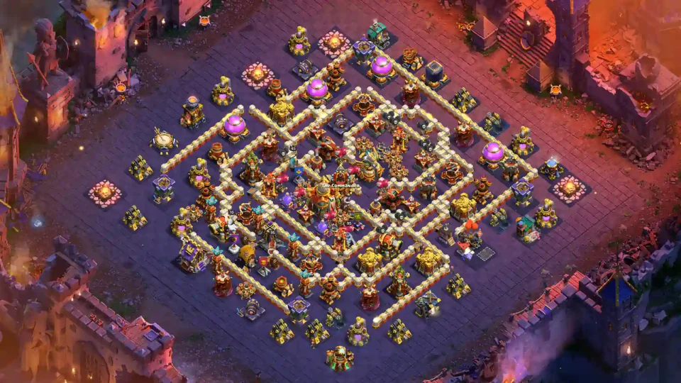 TH16 war base with central Town Hall with Dense Nested Compartments