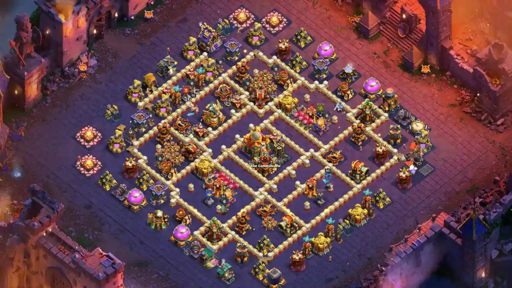TH16 war base with central Town Hall with Nested Box Compartments