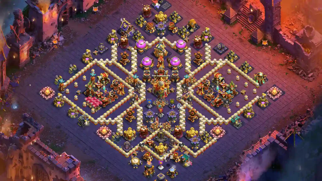 TH16 war base with central Town Hall with Split Side Compartments