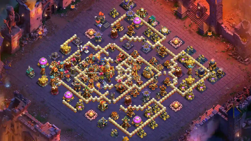 TH16 war base with offset Town Hall with Split Wing Compartments