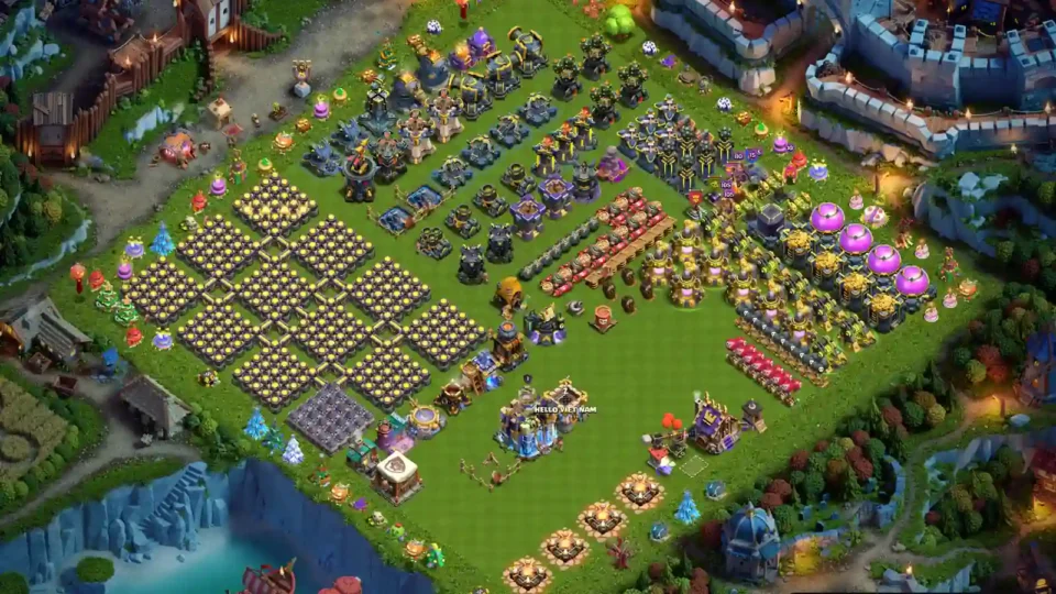 TH18 progress base with grouped building rows, open working space and segmented wall blocks