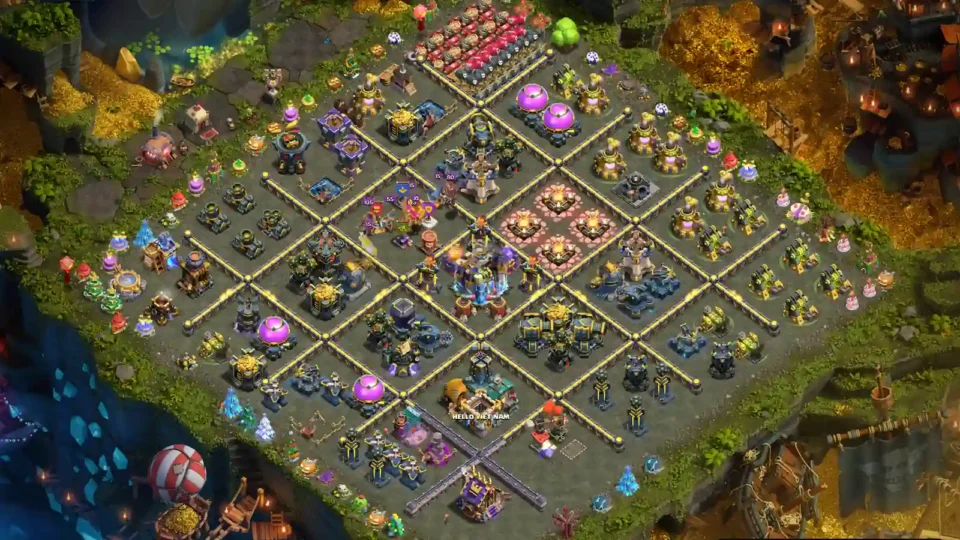 TH18 progress base with wall-separated building categories and organised upgrade compartments