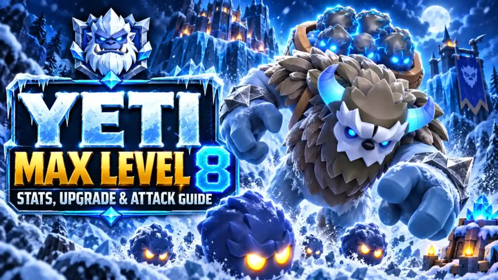 Yeti CoC max level 8 with Yetimites in snowy attack guide scene