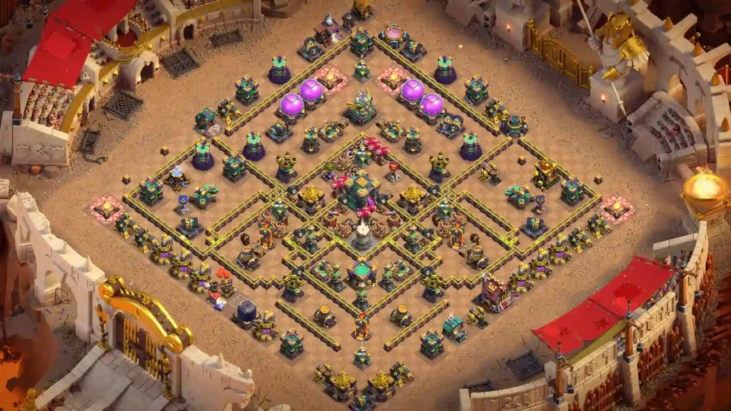 TH14 war base with central diamond compartments and layered side sections