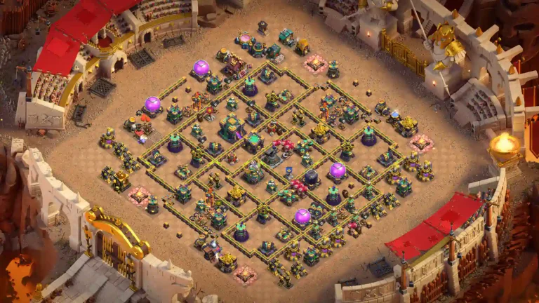 TH14 war base with an offset compartment grid and broad diamond outline