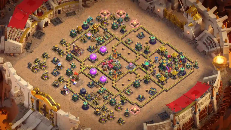 TH14 war base with split core sections in a diamond layout