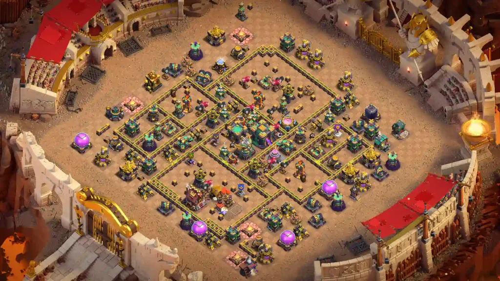 TH14 war base with staggered wall compartments and an offset core