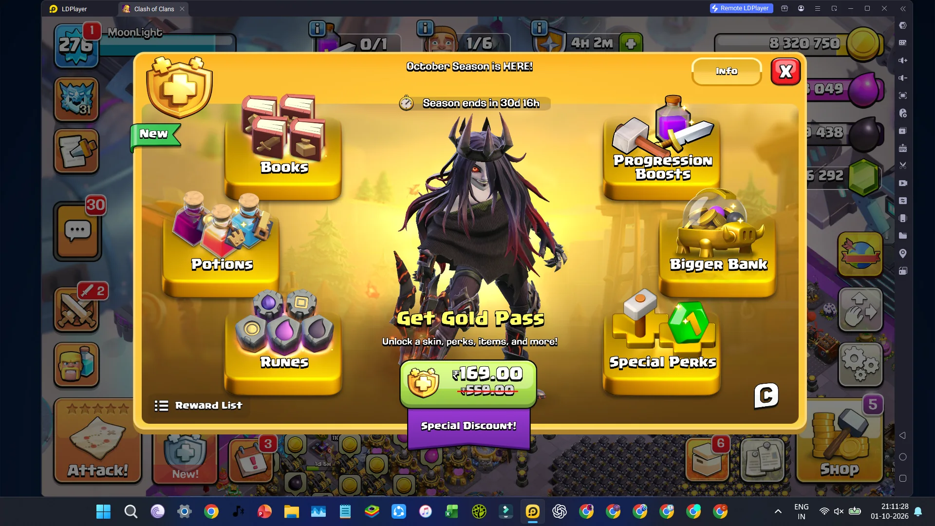 Clash of Clans October 2026 Gold Pass screen featuring Shroud Queen.