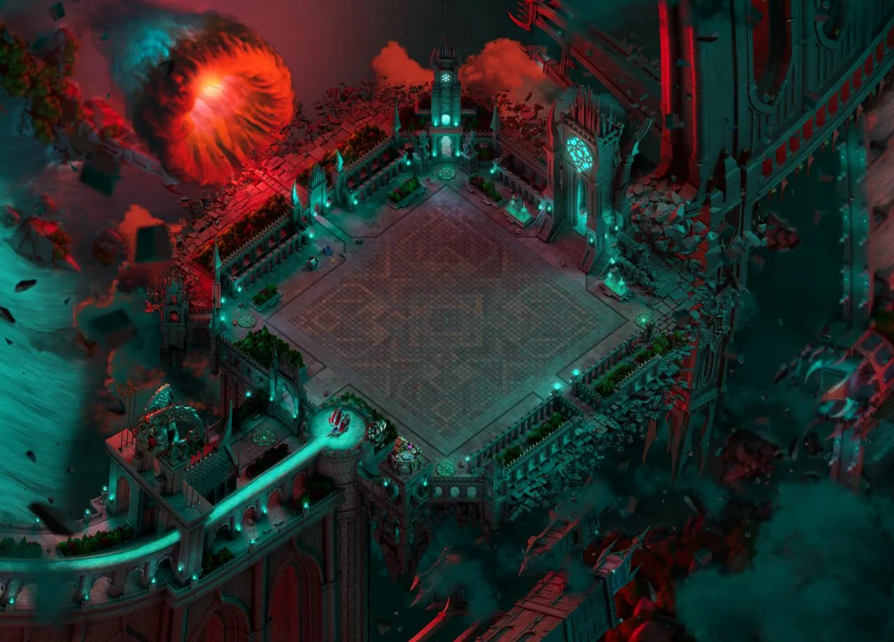 Cosmic Portals scenery for Clash of Clans Portal Panic, showing a ruined arena surrounded by red and teal portals.