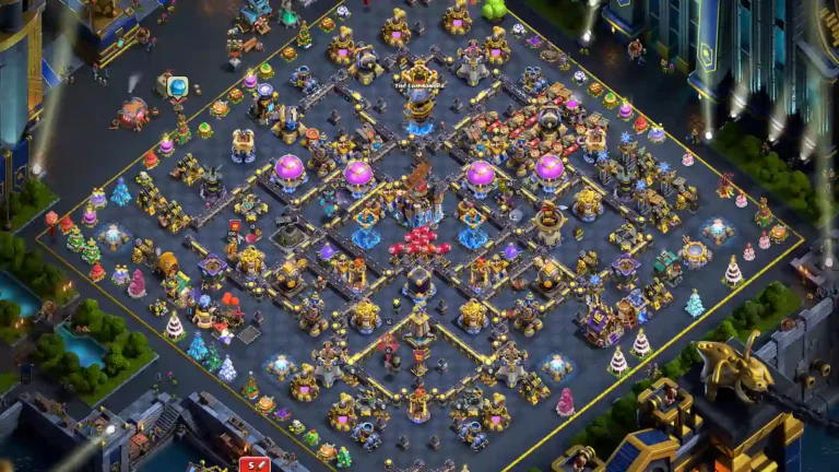 TH18 farming base with a diamond layout and split Gold, Elixir and Dark Elixir resource compartments