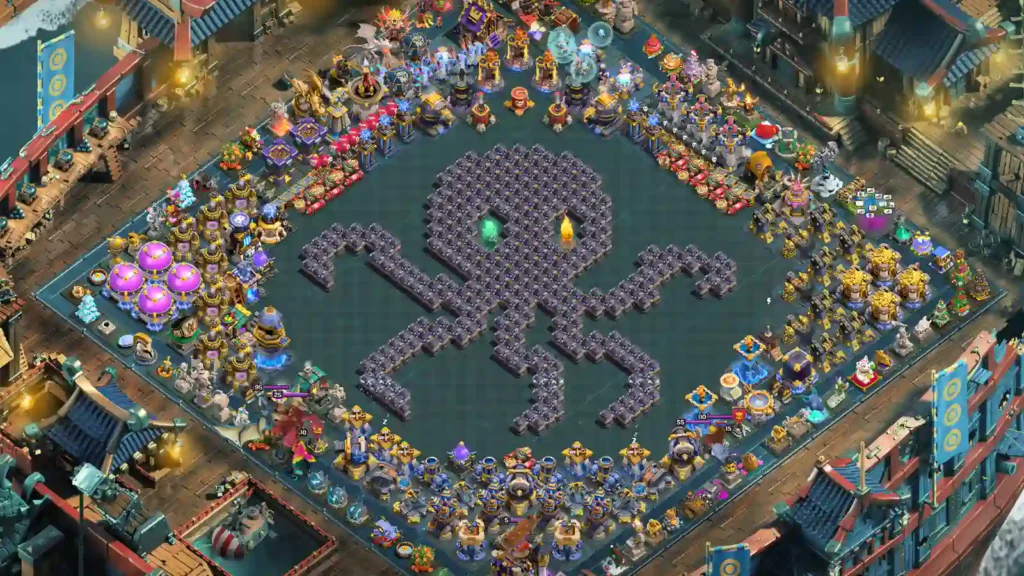 TH18 progress base with a face-style wall display and surrounding upgrade ring