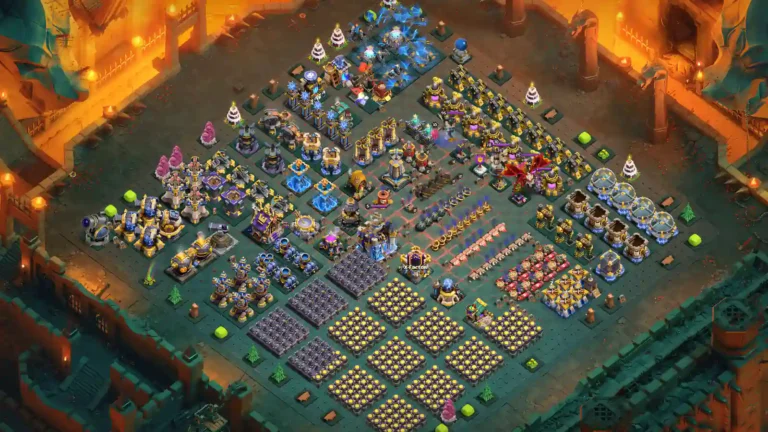 TH18 progress base with stepped wall sections and grouped upgrade buildings