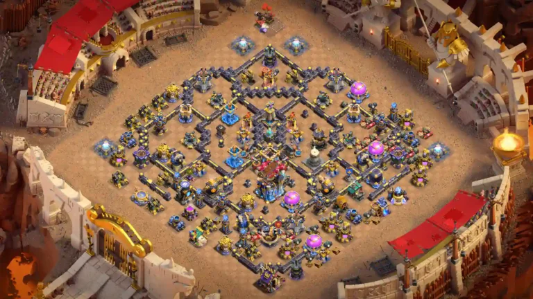 TH18 war base with layered inner wall compartments and separated outer defensive sections