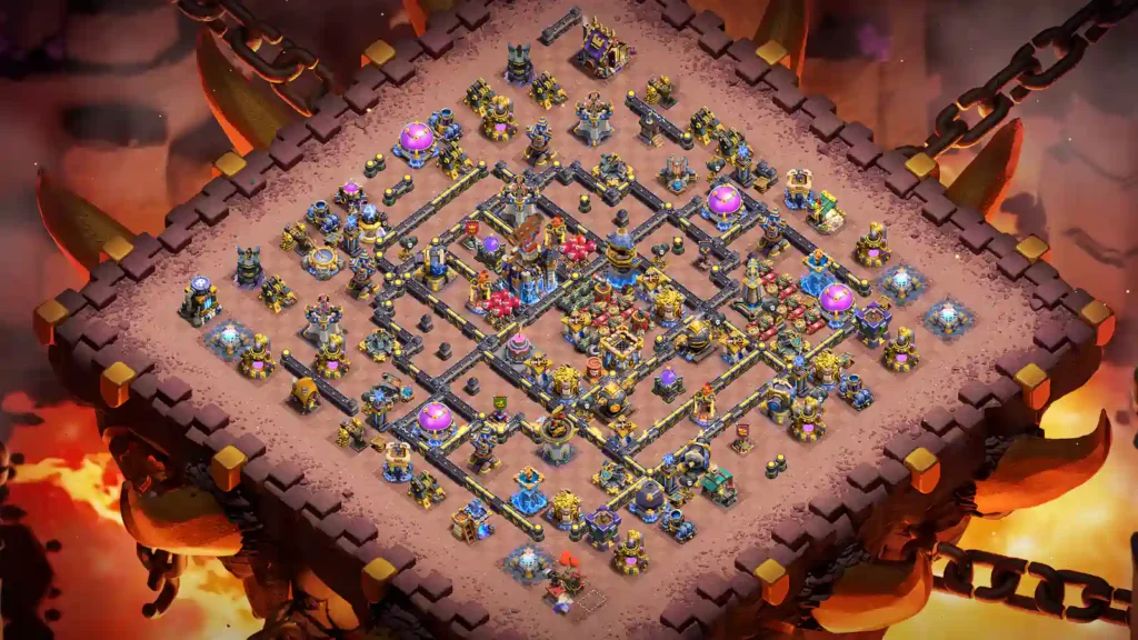 TH18 war base with a broad diamond footprint and multi-compartment core