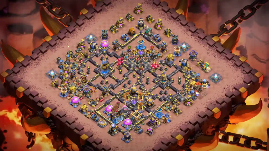 TH18 war base with staggered inner compartments and separated side defenses